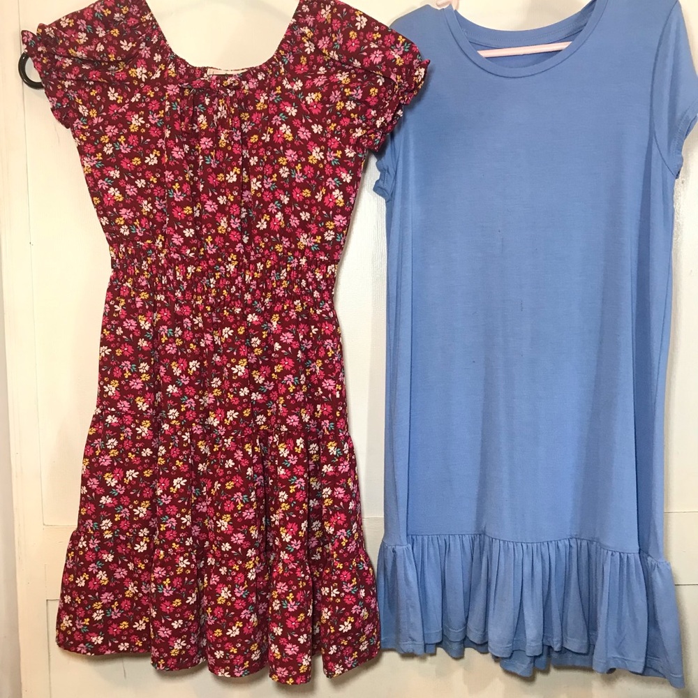 Girls Floral Burgandy Smock Waist  and Blue Casual Dress